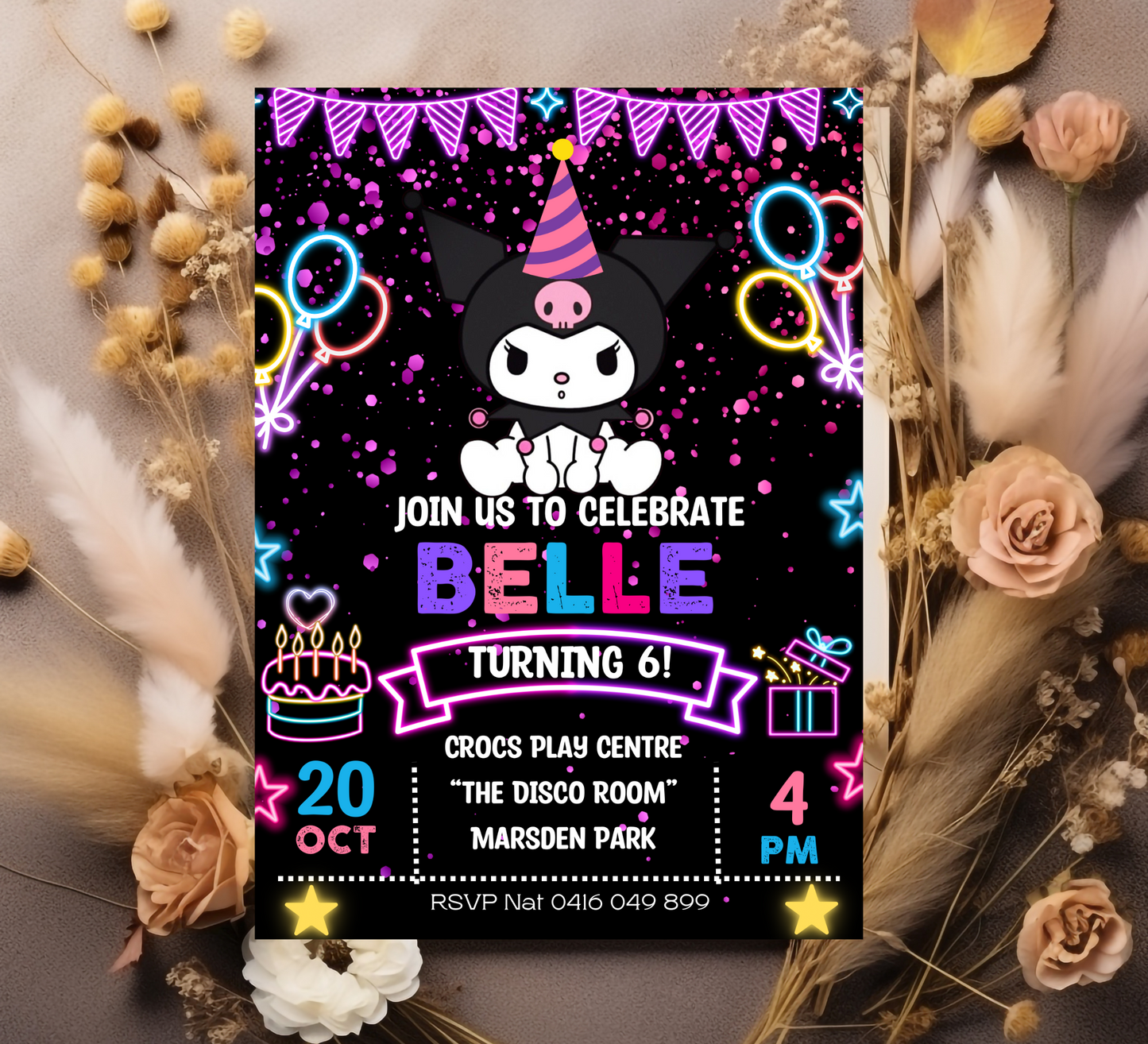 Kawaii Cinnamoroll Neon Birthday Invitation | Editable Canva Template | Cute Glow Party Invite | Printable Sanrio Birthday Invitation