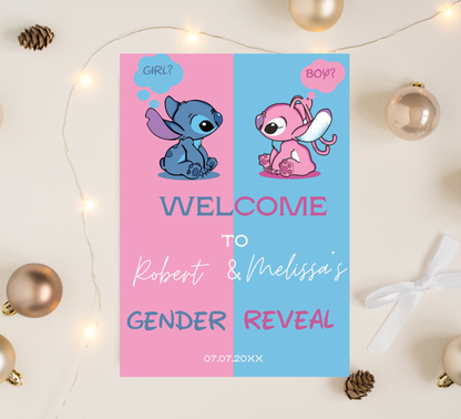 Stitch & Angel Pink and Blue Gender Reveal Welcome Sign | Baby Reveal Decor | Editable Template