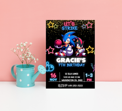 Sonic & Shadow Neon Bowling Birthday Invitation | Glow Bowling Party Invite | Editable Canva Template | Sonic Neon Birthday Invitation
