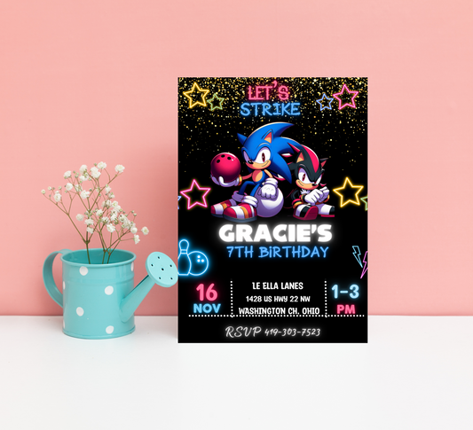 Sonic & Shadow Neon Bowling Birthday Invitation | Glow Bowling Party Invite | Editable Canva Template | Sonic Neon Birthday Invitation
