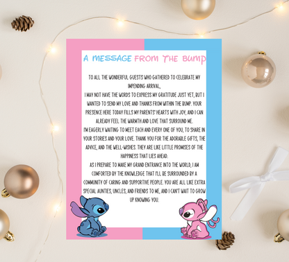 Stitch & Lilo Gender Reveal “Message from the Bump” Sign | Minimalist Baby Shower Template | Editable & Printable Instant Download