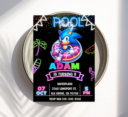 Sonic the Hedgehog Neon Pool Birthday Invitation | Cyber Blue Summer Swim Party | Editable Canva Template | Sonic Speed Splash Invite | Printable Kids Neon Pool Bash