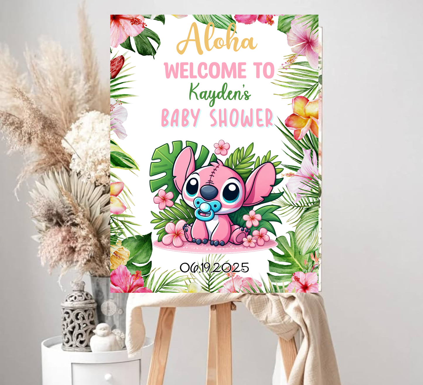 Stitch Pink Aloha Baby Shower Welcome Sign – Editable Canva Template – Tropical Hawaii Baby Shower Decor – Ohana Welcome Poster – Instant Download Printable