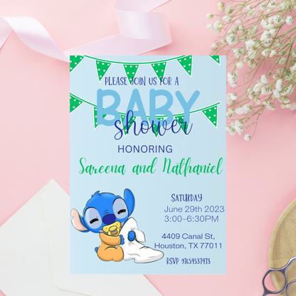 Stitch Blue Baby Shower Invitation | Editable Canva Template | Boy or Gender-Neutral Baby Shower Invite | Printable Baby Shower Invitation