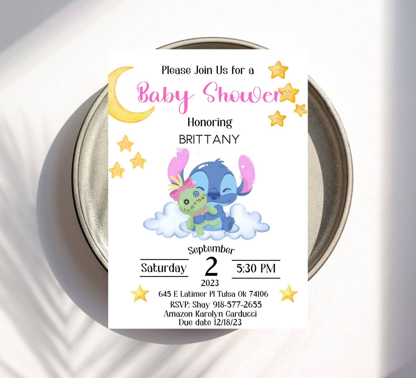 Stitch Pink Baby Shower Invitation | Cute Aloha Girl Baby Shower | Editable Canva Template