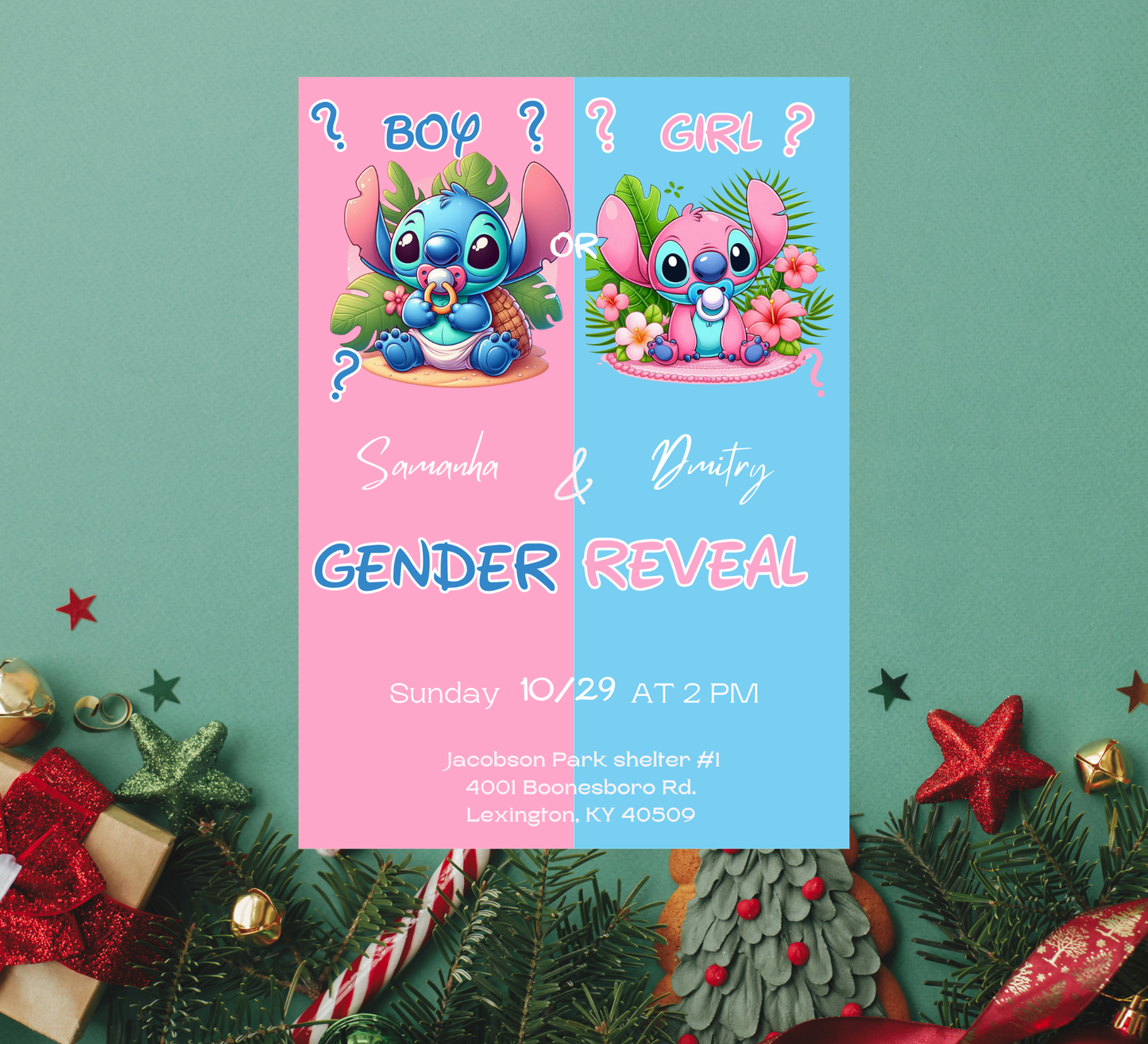 Stitch & Angel Pink and Blue Gender Reveal Welcome Sign | Baby Reveal Decor Editable Template
