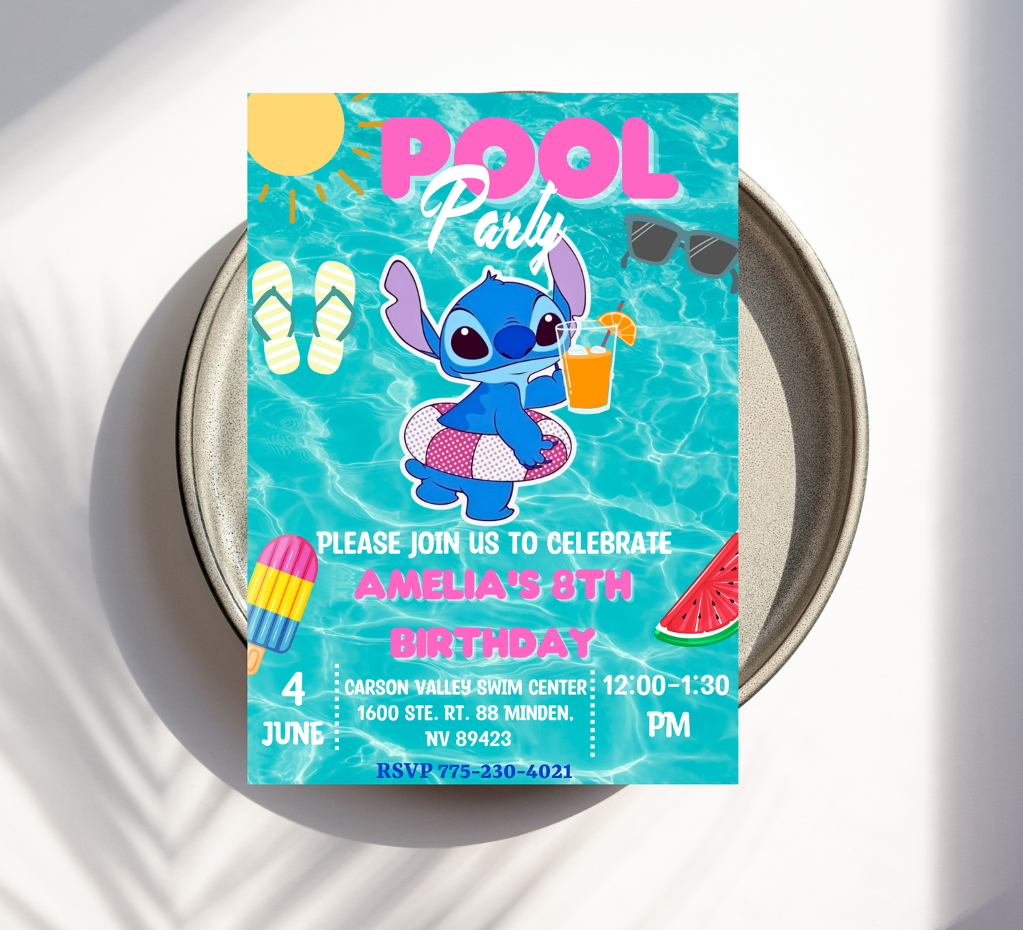 Stitch & Angel Pool Birthday Invitation | Tropical Swim Party | Editable Template