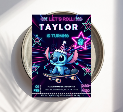 Stitch Neon Roller Skating Birthday Invitation | Glow Party Skating Rink Invite | Editable Canva Template | Cute Kawaii Stitch Birthday Invitation