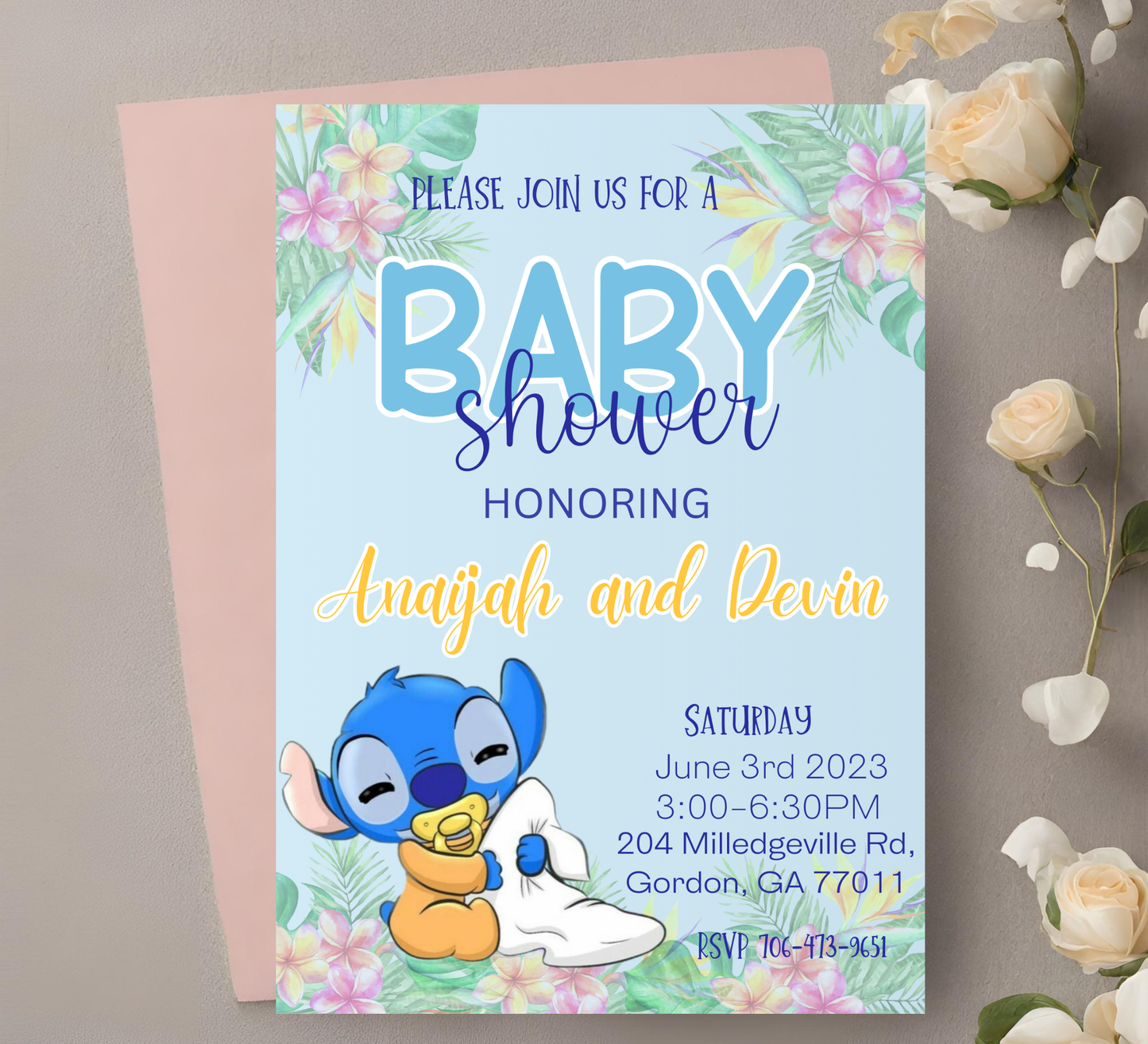 Stitch Blue With Flowers Baby Shower Invitation | Boy Baby Shower | Editable Canva Template