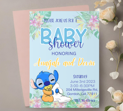 Stitch Blue With Flowers Baby Shower Invitation | Boy Baby Shower | Editable Canva Template