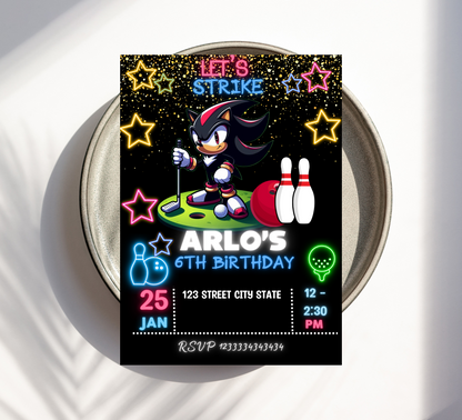 Sonic & Shadow Neon Golf & Bowling Birthday Invitation | Glow Party Invite | Editable Canva Template | Sonic Gaming Birthday Printable