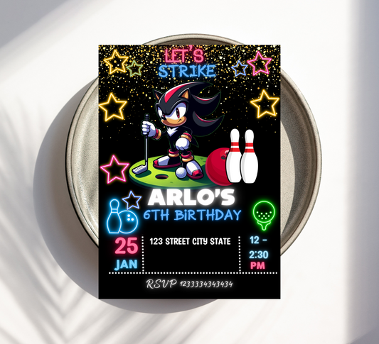 Sonic & Shadow Neon Golf & Bowling Birthday Invitation | Glow Party Invite | Editable Canva Template | Sonic Gaming Birthday Printable
