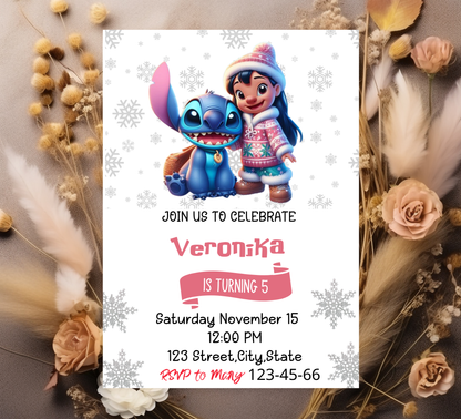 Stitch & Lilo Winter Snowflake Birthday Invitation | Frozen Blue Winter Party | Editable Canva Template | Printable Cute Birthday Invite