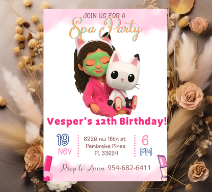 Gabby’s Dollhouse Spa Sleepover Invitation | Slumber Party Invite | Editable Canva Template | A-Meow-Zing Pampering Bash