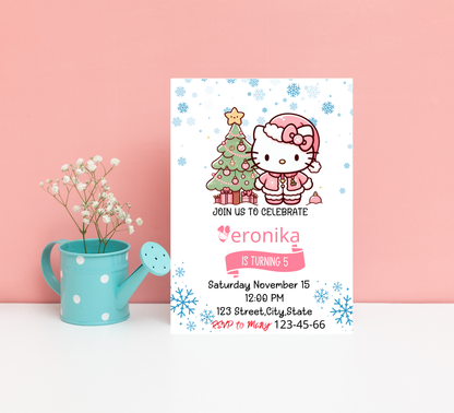 Hello Kitty Pink Winter Christmas Birthday Invitation | Cute Holiday Birthday Invite | Editable Canva Template | Printable Girl’s Winter Wonderland Party
