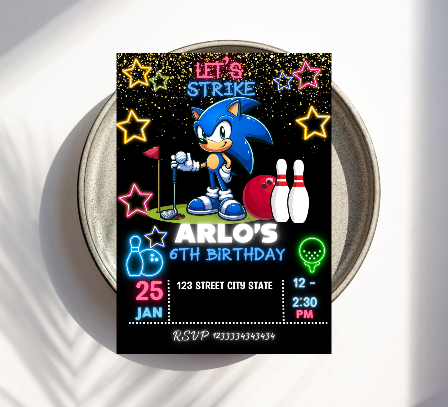 Sonic Golf Bowling Birthday Neon Kid Party Invitation | Cute Glow Party Editable Canva Template