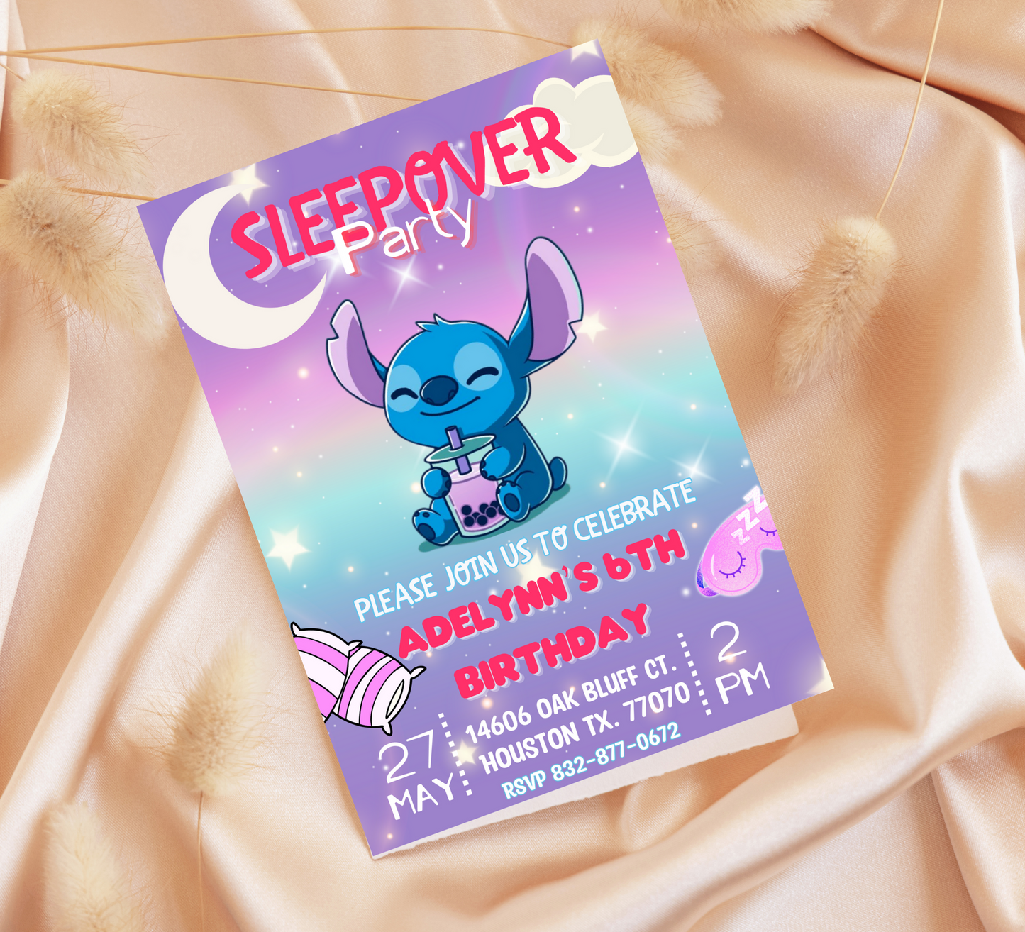 Stitch Sleepover Birthday Invitation | Slumber Party Invite | Editable Canva Template | Cute Kawaii Overnight Party Printable