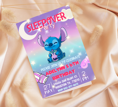 Stitch Sleepover Birthday Invitation | Slumber Party Invite | Editable Canva Template | Cute Kawaii Overnight Party Printable