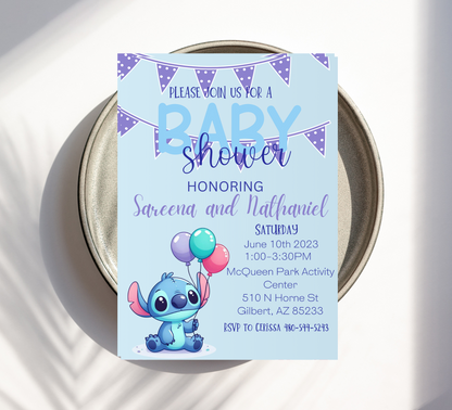 Stitch Blue Baby Shower Invitation | Editable Canva Template | Boy Baby Shower Invite | Printable Stitch Baby Shower Design