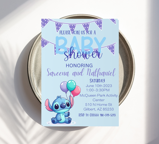 Stitch Blue Baby Shower Invitation | Editable Canva Template | Boy Baby Shower Invite | Printable Stitch Baby Shower Design