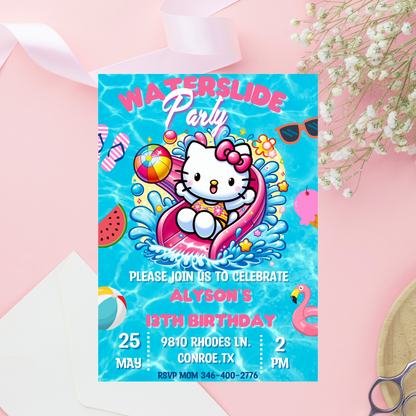 Hello Kitty Pool Waterslide Invitation | Editable Canva Template | Kawaii Summer Slide & Splash Birthday Invite | Printable Girls Party Invitation