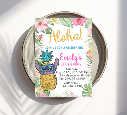 Stitch Aloha Tropical Hawaii Birthday Invitation | Luau Party Invite | Editable Template