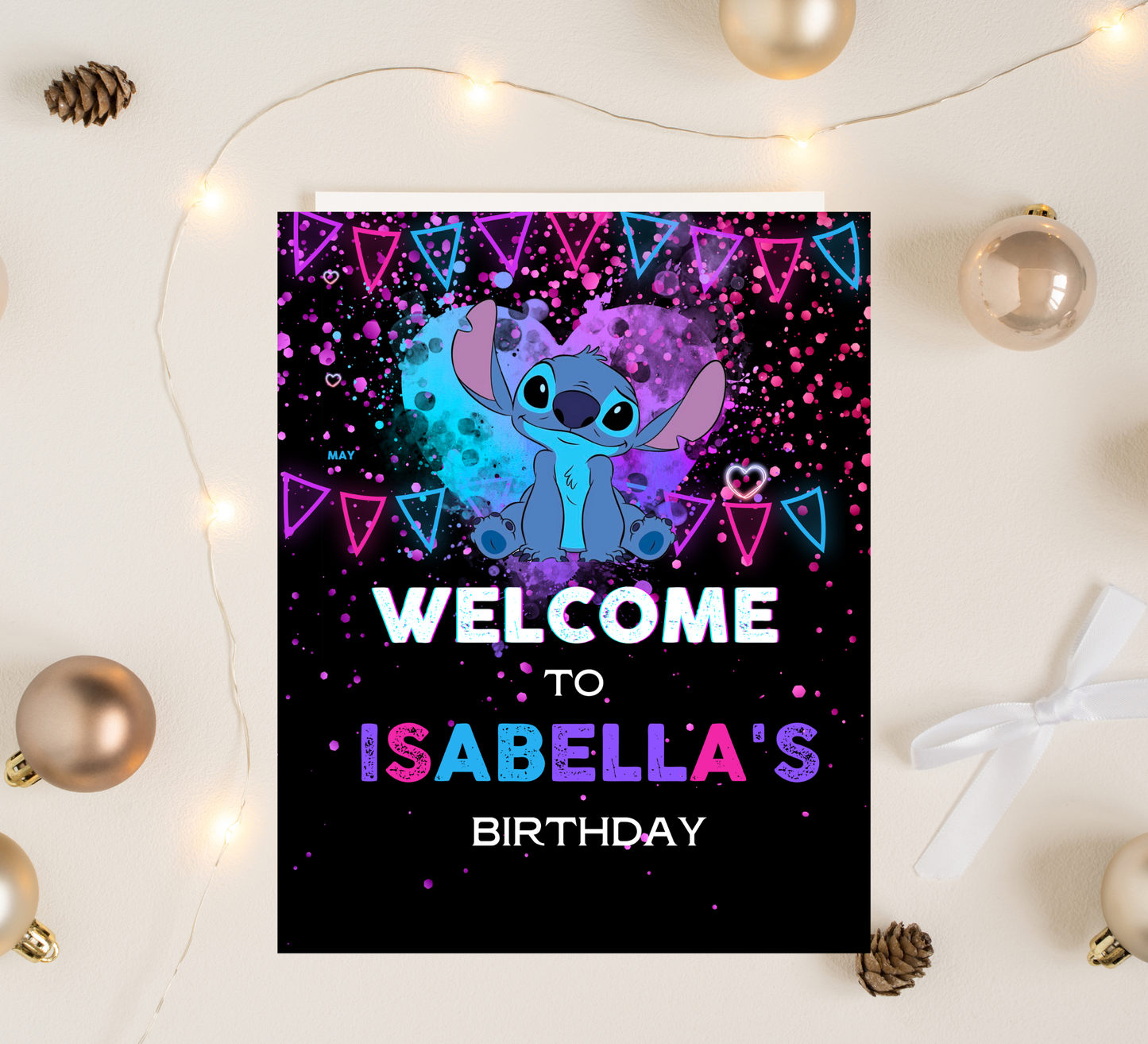 Stitch Neon Birthday Welcome Sign | Glow Party Decor | Editable Canva Template