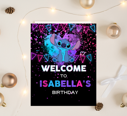 Stitch Neon Birthday Welcome Sign | Glow Party Decor | Editable Canva Template