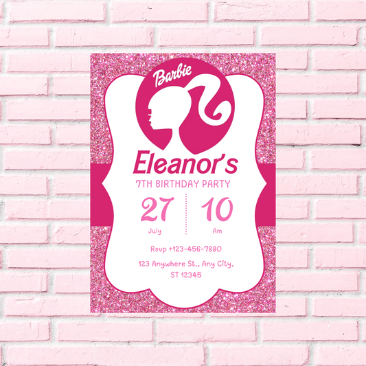 Barbie Glitter Pink Birthday Invitation | Sparkly Barbie Party Invite | Editable Canva Template | Printable Girls Birthday Invitation