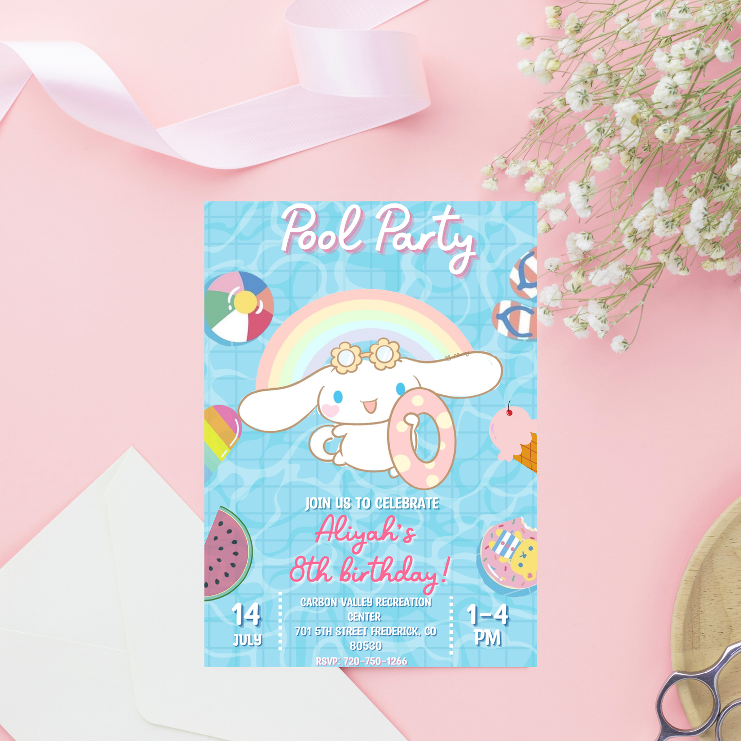 Cinnamoroll Kawaii Pool Birthday Invitation | Pastel Blue Summer Swim Invite | Editable Canva Template | Cute Aesthetic Splash Bash