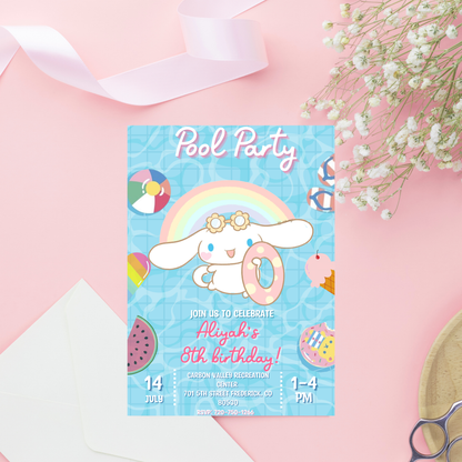 Cinnamoroll Kawaii Pool Birthday Invitation | Pastel Blue Summer Swim Invite | Editable Canva Template | Cute Aesthetic Splash Bash