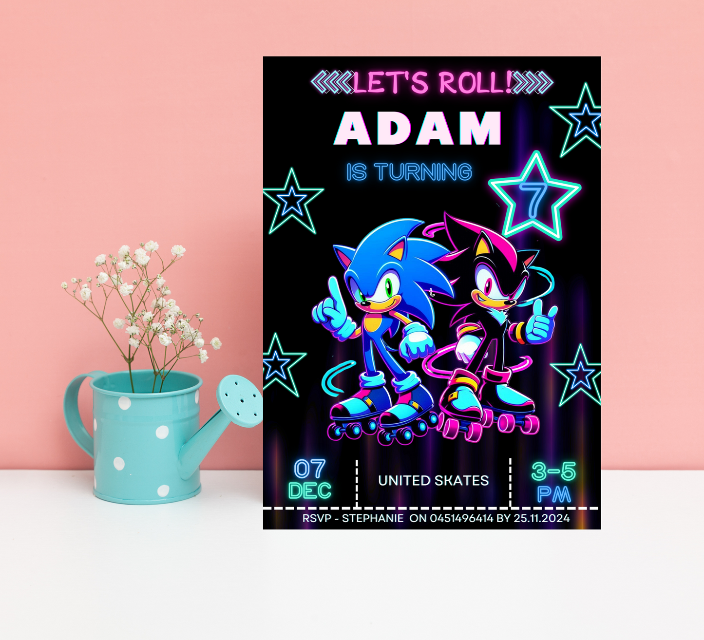 Sonic Neon Roller Skating Birthday Invitation | Glow Skate Party Invite | Editable Canva Template | Fast & Fun Printable