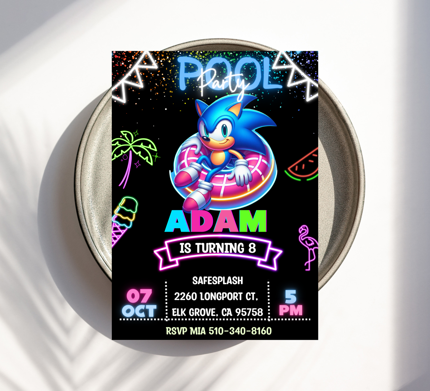Sonic Neon Pool Birthday Invitation | Video Game Glow Party | Editable Canva Template | Sonic the Hedgehog Summer Swim Invite | Electric Blue Splash Bash
