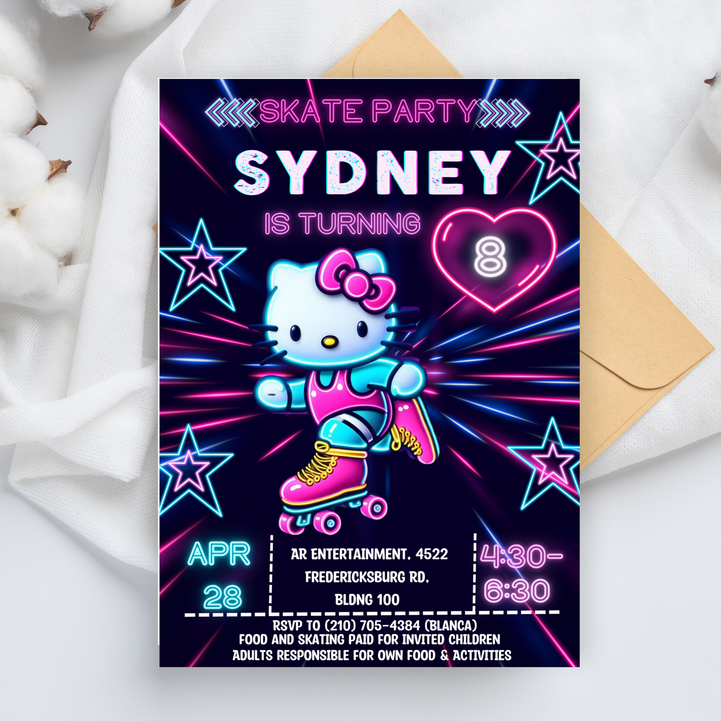 Hello Kitty Neon Roller Skating Birthday Invitation | Fun & Customizable Glow Party Invite