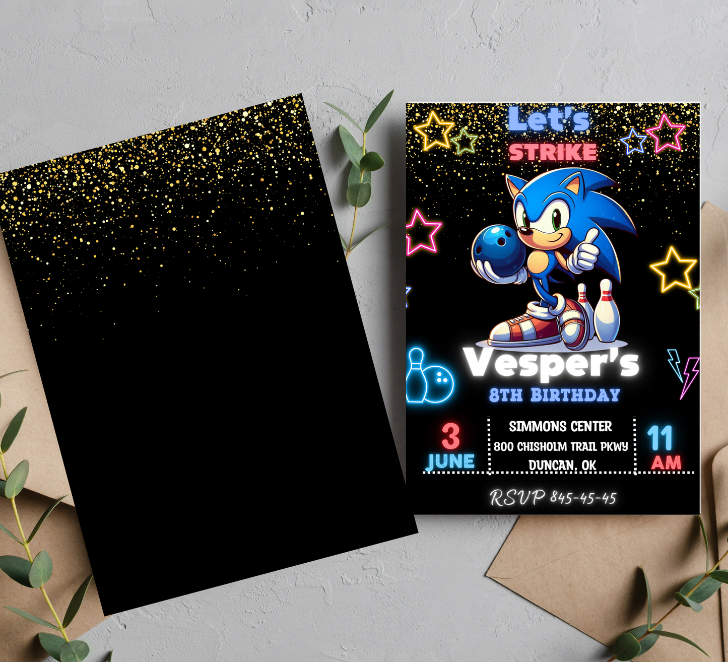 Sonic Neon Bowling Invitation | Glow Party Birthday Invite | Editable Digital Download