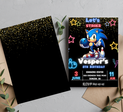 Sonic Neon Bowling Invitation | Glow Party Birthday Invite | Editable Digital Download