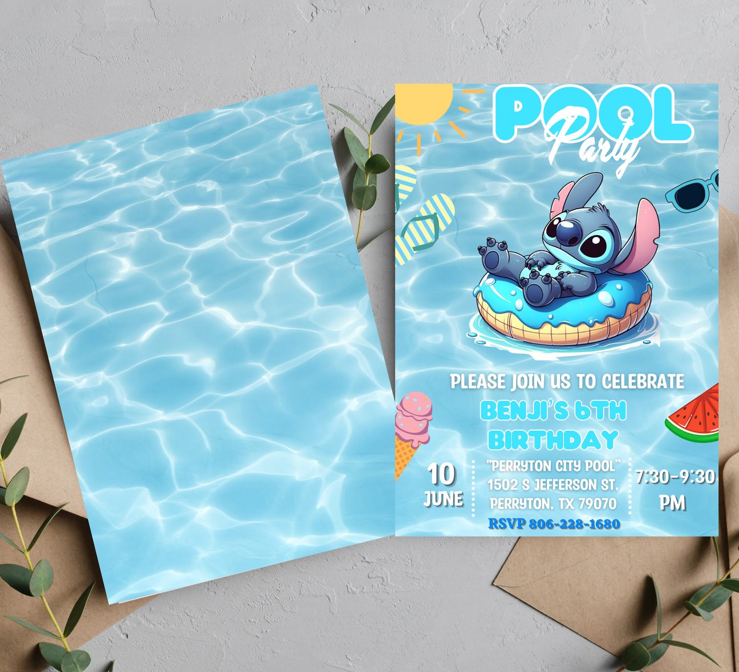 Stitch Blue Swim Ring Pool Birthday Invitation 💙🛟 | Summer Swim Party | Editable Digital Template