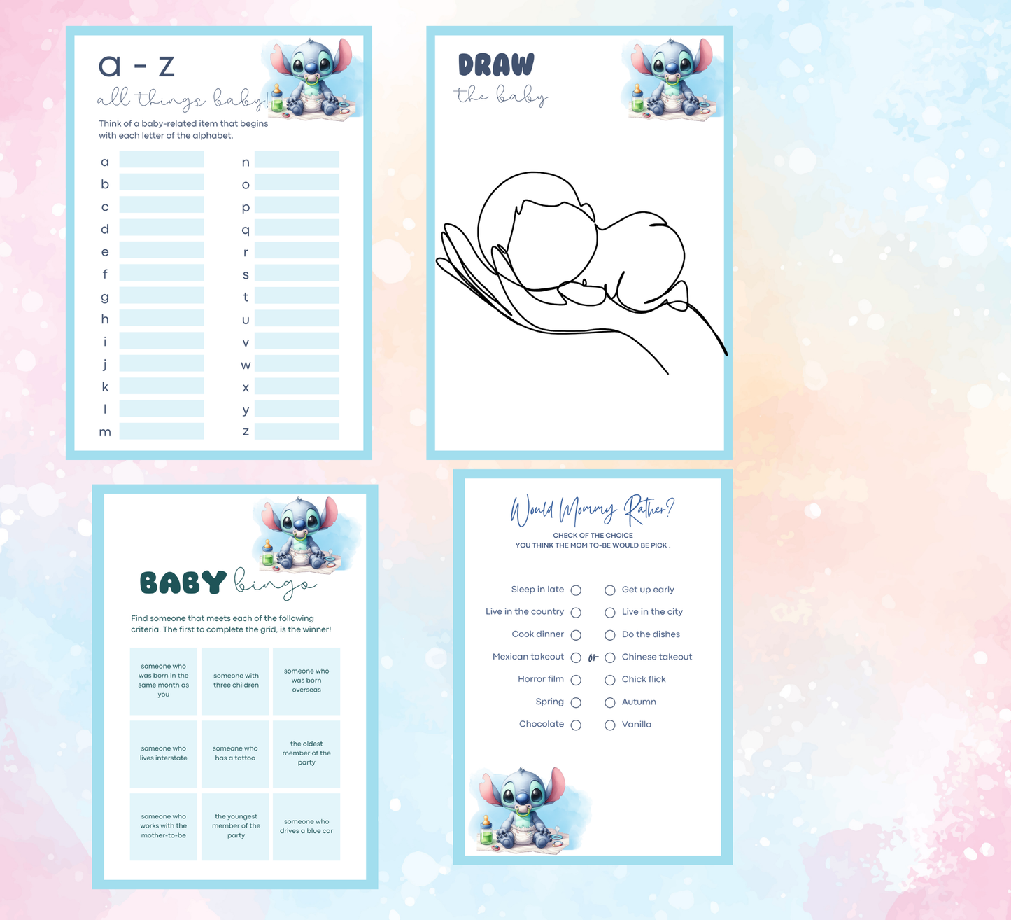 Stitch Baby Shower Games Bundle | Printable Hawaii Party Games | Editable Canva Template | Ohana Means Family Baby Shower Activities | Tropical Puppy & Angel Game Set