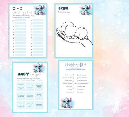 Stitch Baby Shower Games Bundle | Printable Hawaii Party Games | Editable Canva Template | Ohana Means Family Baby Shower Activities | Tropical Puppy & Angel Game Set