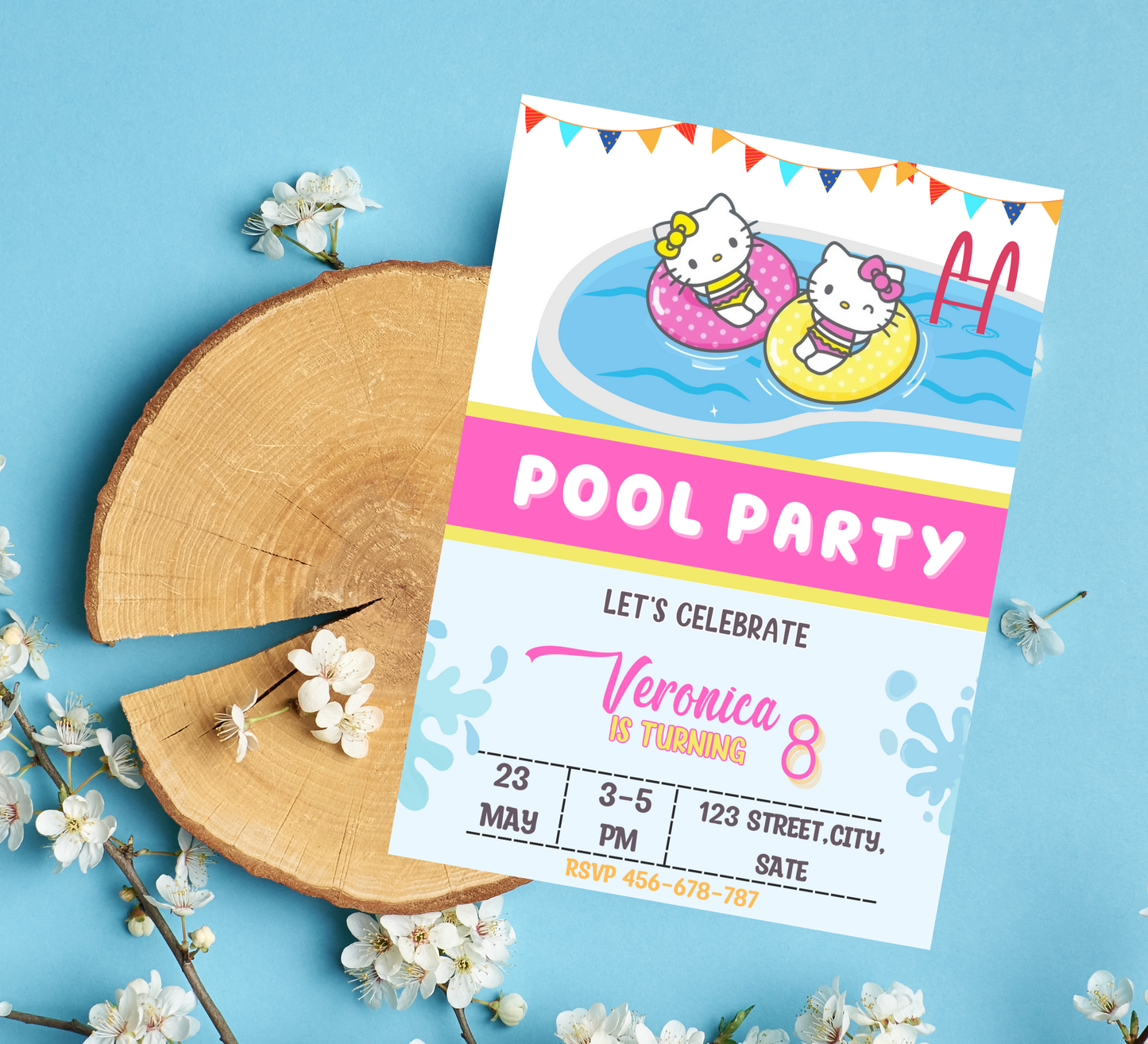 Hello Kitty Pool Birthday Invitation | Summer Swim Party Invite | Editable Canva Template