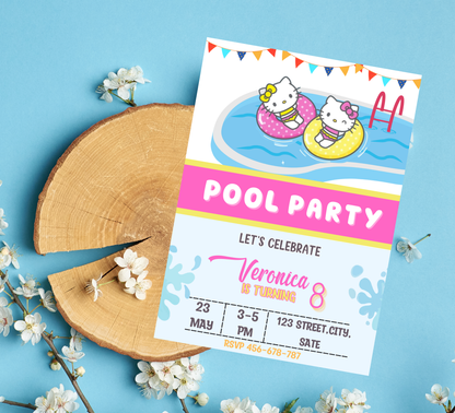 Hello Kitty Pool Birthday Invitation | Summer Swim Party Invite | Editable Canva Template