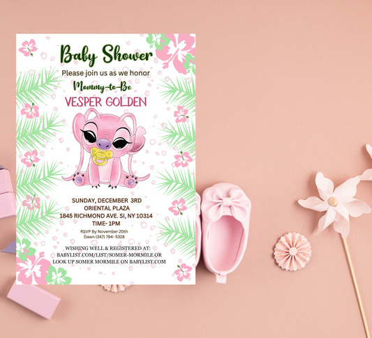 Stitch Pink Baby Shower Invitation | Cute Girl Baby Shower Invite | Editable Canva Template | Kawaii Stitch Baby Shower Printable