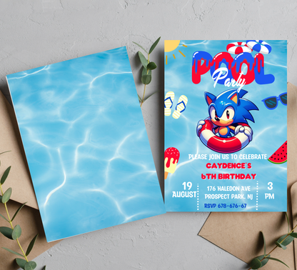 Sonic Hedgehog Pool Birthday Invitation | Summer Swim Party | Editable Canva Template