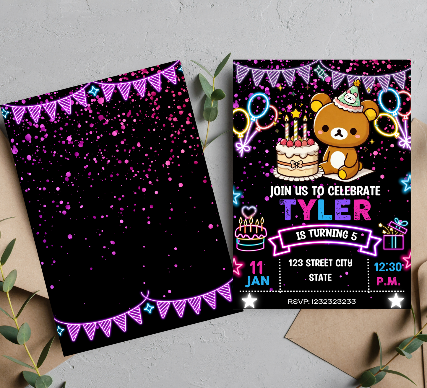 Rilakkuma Kawaii Neon Birthday Invitation | Cute Glow Party Invite | Editable Canva Template | Neon Bear Birthday Printable