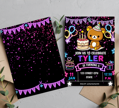 Rilakkuma Kawaii Neon Birthday Invitation | Cute Glow Party Invite | Editable Canva Template | Neon Bear Birthday Printable