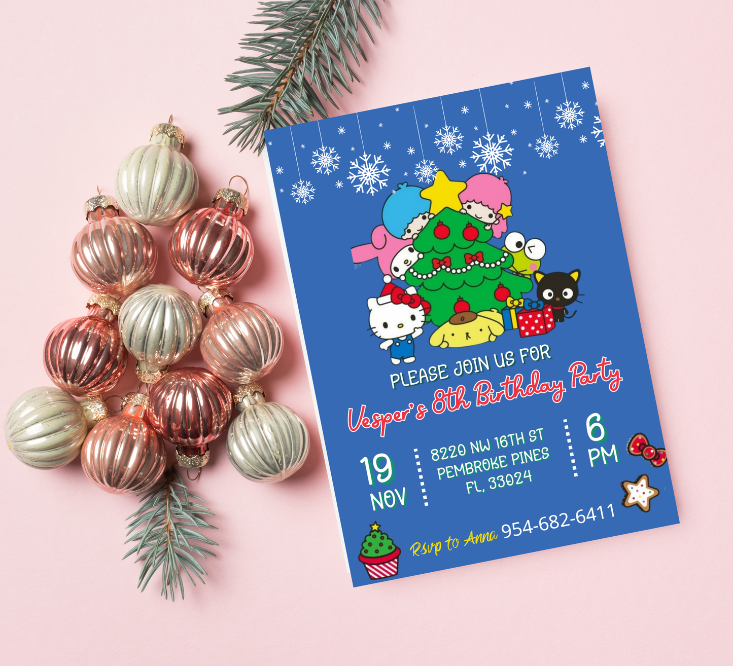 Hello Kitty & Friends Christmas Winter Birthday Invitation | Kawaii Holiday Party | Editable Template