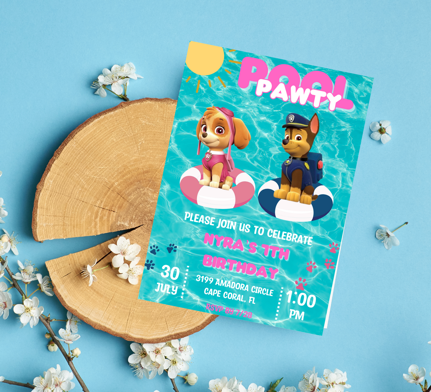 PAW Patrol Marshall & Skye Pool Birthday Invitation | Summer Splash Party | Editable Digital Template