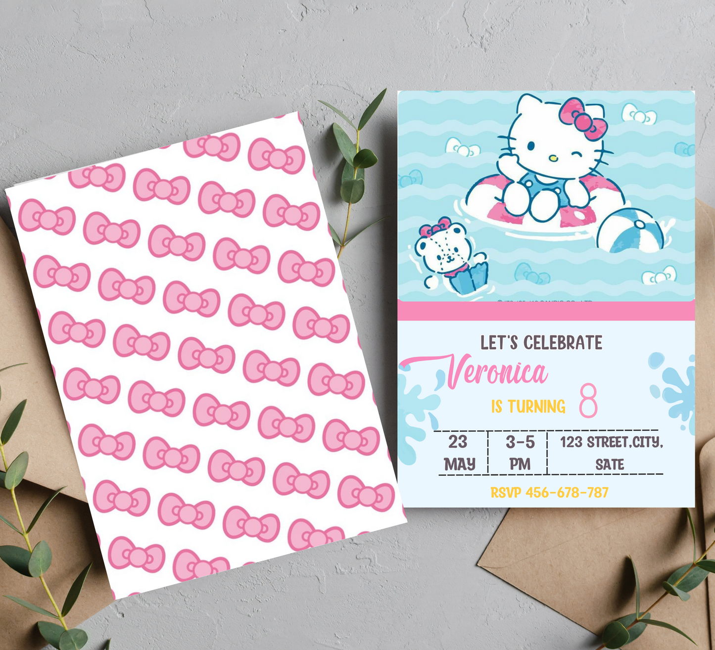 Hello Kitty Blue Pool Birthday Invitation | Kawaii Swim Party Invite | Editable Canva Template | Printable Summer Birthday Invitation