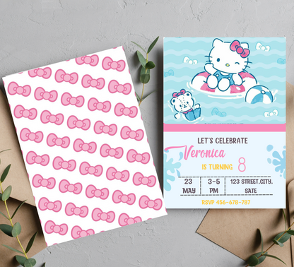 Hello Kitty Blue Pool Birthday Invitation | Kawaii Swim Party Invite | Editable Canva Template | Printable Summer Birthday Invitation