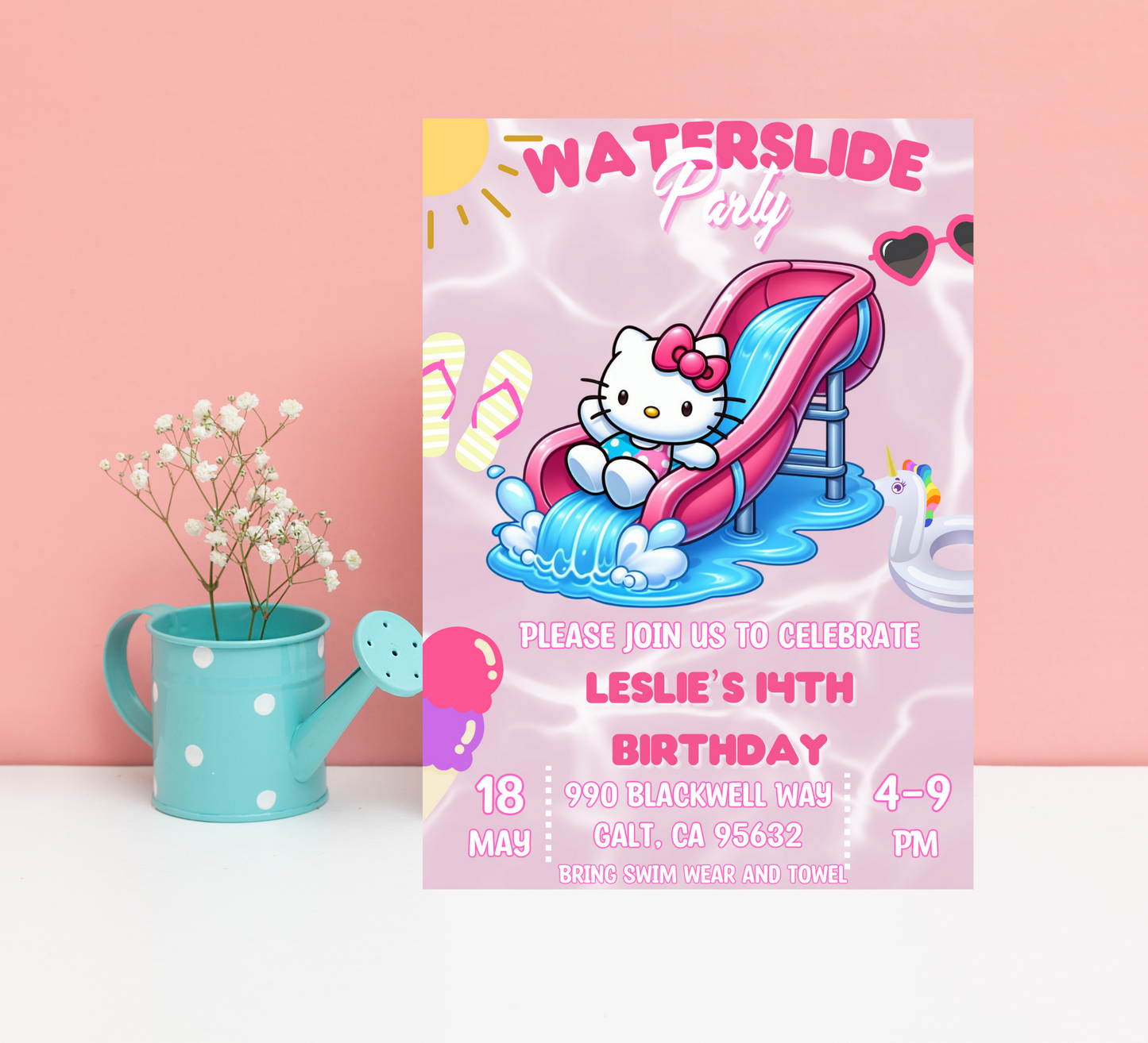 Hello Kitty Waterslide Pink Birthday Invitation 🎀💦 | Kawaii Pool Party | Editable Canva Template